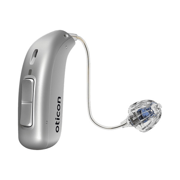 Oticon_More_miniRITE_R_Left_C091SilverGrey_LEDoff_Speaker60_OpenBassDome_900x900px_Original file